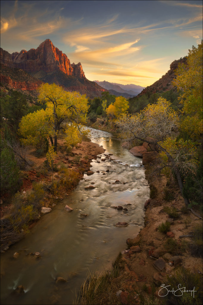 Virgin river, and the sentinel at Sunset.  Zion National Park, Utah